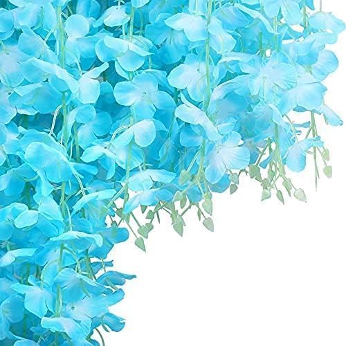 Image of 6 Pcs Artificial Polyester Hanging Flower Wisteria Vines Fake Flowers Vines for Home Party Wedding Garden Outdoor Greenery Decoration (6, Blue)