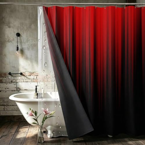 Image of AAtter 3 in 1 Red Black Gothic Shower Curtain Set, 72x72 Inch, 12 Hooks | Polyester Fabric with PEVA Liner, Burgundy Ombre Pattern, Modern Abstract Style, Standard Bathroom Decor for Men