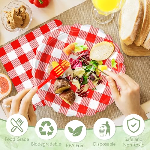 Image of Mulbozy 75 Red Gingham Paper Plates and Napkins Disposable for Picnic,7in