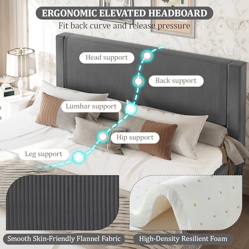 FINATI Queen Bed Frame with Storage, Wood Platform Bed Frame Queen Size with Velvet Upholstered Headboard Footboard, Strong Wooden 12-Slats Support, Under Bed Storage Drawer with Wheels, Noise Free - Thumbnail 5