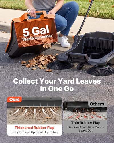 Image of VEVOR Walk-Behind Hand Push Floor Sweeper, Manual Floor Sweeper Non-Electric with 25.6 inch Sweeping Width, 5 Gallons Waste Container & Adjustable Folding Handle for Yards Walkways Patios Garages - Orange