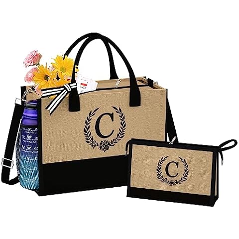 QLOVEA Initial Jute Tote Bag with Makeup Bag, Monogrammed Tote Bags for Women, Personalized Birthday Gifts Bag for Bridesmaid Unique Appreciation Gifts for Bridal Shower Friend Letter C Cover
