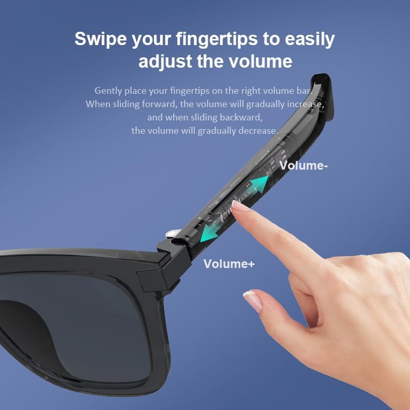 Diagram showing how to adjust volume by swiping on the temple of the smart glasses