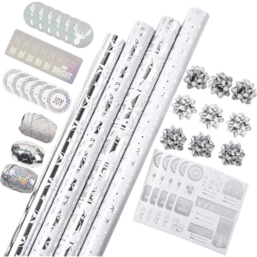 WRAPAHOLIC Silver Christmas Wrapping Paper Set - Silver Snowflakes and Candy Cane Holiday Collection with Metallic Foil Shine Wrapping Paper Bundle with Gift Bow & Ribbon & Tag & Sticker