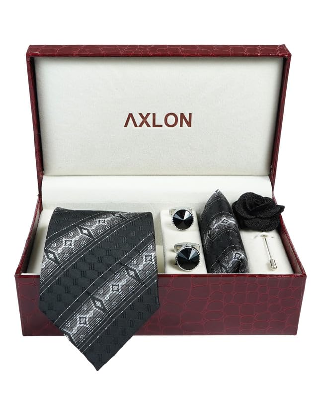 Image of Axlon Tie for Men - Striped Silk Neck Ties Set with Cufflinks Flower Pin, Pocket Square & Black Gift Box, Combo Necktie Sets for Office Wear, Formal Suits & Weddings (0, st3pn)