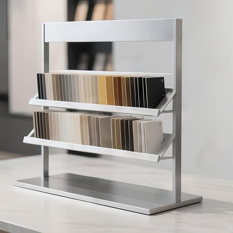 Dwupoziomowy wolnostojący stojak w kratkę - elegancki stojak na próbki materiałów budowlanych, drewna, czasopism i zdjęć (60 x 30 x 60 cm) - idealna gablota w