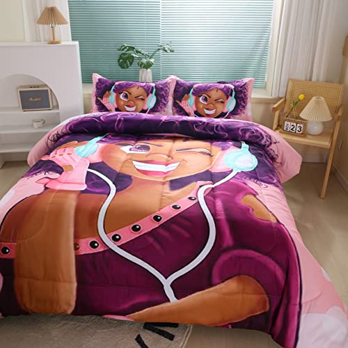 African American Black Girl Comforter Set For Kids And Adults, Queen Size Girls Love Music Purple Hair Themed Bedding Comforter With 2 Afro Hair Magic Girls Pillowcases - 90" X 90" #TOP4