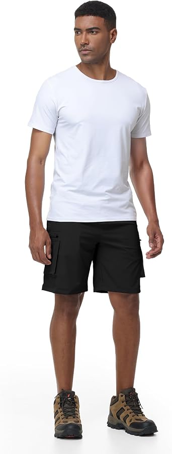 Men's Drawstring Cargo Hiking Shorts Lightweight Elastic Waist Stretch Casual Athletic Khaiki Shorts with 5 Zipper Pockets