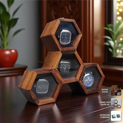 Image of Vintage Wooden Watch Box for Men, Timepiece Display Case, Honeycomb Watch Storage & Organizer, Jewlery Box for Women, Anniversary Gift For Husband (4 Compartments)