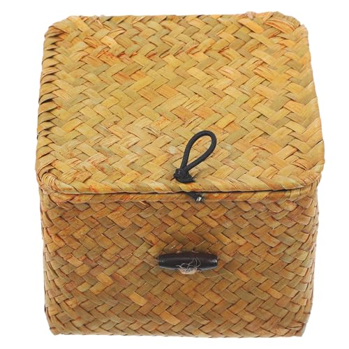 Veemoon Caja Cuadrada de Almacenamiento de Paja Trenzada con Tapa Caja Decorativa Naranja Mediana para Organizar Té y Objetos Personales el Hogar