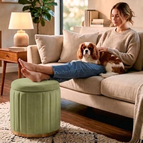 Image of Superior Round Storage Ottoman Stool 13 X 13X 16 inch, with Gold Metal Base | Elegant Pouffe with Secret Storage | Cushioned Footrest for Living Room, Bedroom, and Lounge Pista Green