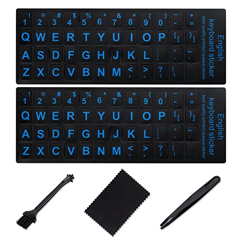 English Keyboard Sticker[5 in 1],Super Clear Large Print Keyboard Sticker with Bold Blue Lettering on Black Background,Durable Keyboard Alphabet Sticker for Laptop Desktop Computer