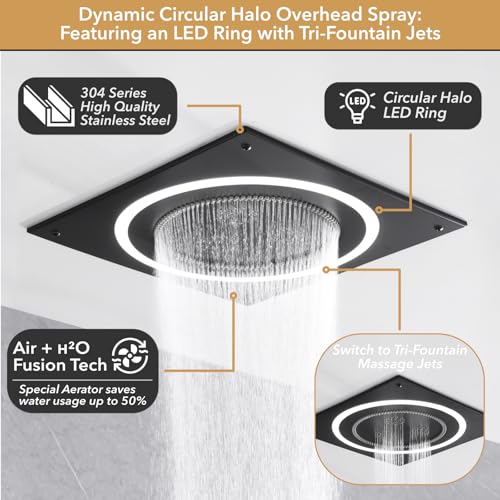 VANFOXLE Thermostatic Shower Faucet Set Matte Black Shower System, Shower Faucet with 2 in 1 Handheld, Ceiling Mount 19 Inch Dual Mode LED Shower Head+14 Inch Shoulder massager miniatura 2