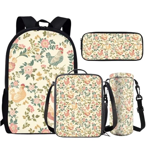 AmzPrint 4 In 1 Chicken Backpack Set For Girls Print Chicken Backpack And Lunch Box Pencil Bag Water Bottle Holder For School2