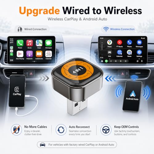 Wireless CarPlay Adapter with Android Auto, AirPlay & Miracast, 4-in-1 Wireless Adapter for Factory Wired CarPlay Cars, Screen Mirroring for iPhone & Android, Video Casting, Auto Connect — view 3