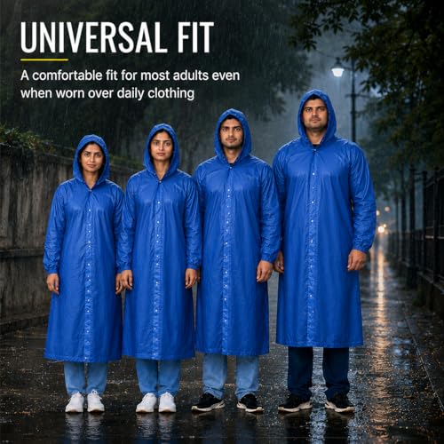 Image of SR EVA Reusable Raincoat with Hood (Blue) - Pack of 1 | Elasticated Full Sleeves Outdoor Waterproof Raincoat for Men & Women | Rainwear | Button Closure | Knee Length | Universal Fit (Blue)