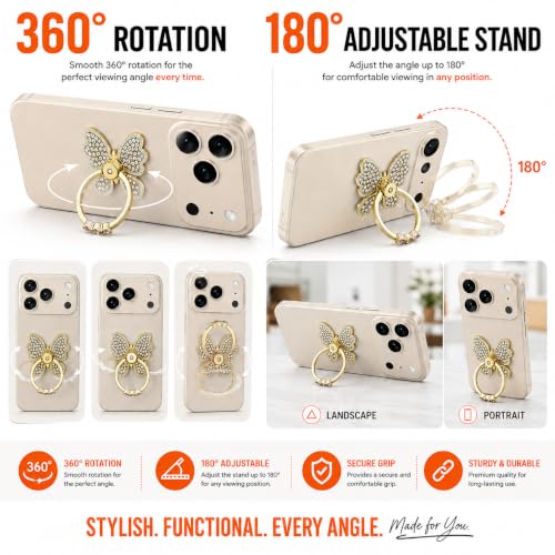 Image of Mizi Butterfly Phone Ring Holder, 2 Pack Luxury Rhinestone Finger Ring Stand Grip, 360 Rotating & 180 Adjustable Metal Kickstand, Strong Adhesive for iPhone, Samsung & All Smartphones - Silver