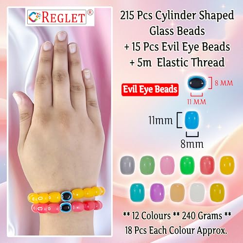 Image of 15 Pcs Evil Eye Beads + 215 Pcs Cylinder Glass Beads for Jewellery Making Kit - Glass Beads for Bracelet Making Kit - Bead Craft - 8 * 11 mm