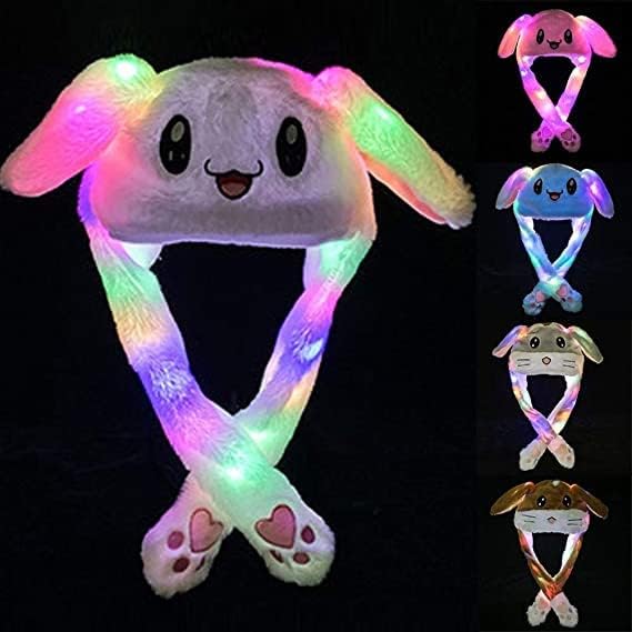 UNIVERSESTAR Led Glowing Plush Moving Rabbit Hat, Dancing Bunny Ears Hat Pinching Ear to Move Vertically Cartoon Animal Hat