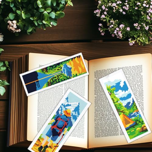 Image of INFUNLY 6pcs Camping Theme DIY Cross Stitch Bookmark Kits for Beginner Mountain View Stamped Embroidery Kits with Instruction Tourist Scenery Printed Bookmark Kit for Traveller Book Readers Writers