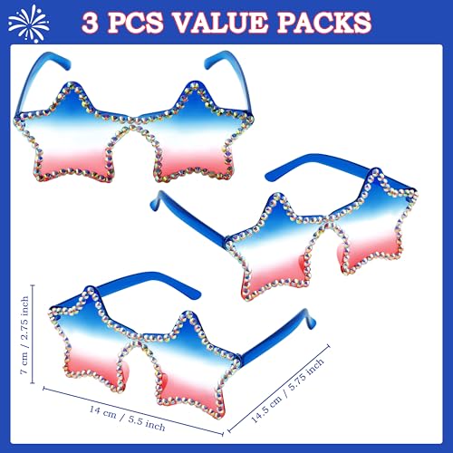 JOYIN 3 Pcs 4th of July Star Shaped Sunglasses, Red White Blue American Sunglasses with Rhinestoned Rim, Patriotic Eyewear for Women, Memorial Fourth of July Independence Day Party Parade Accessory2