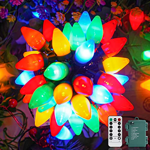 50 LED C7 Christmas Lights,24Ft C7 Christmas Lights Battery Operated C7 Christmas String Lights Remote Timer 8 Lighting Modes for Indoor Outdoor Xmas Tree Garden Patio Party Christmas Decorations