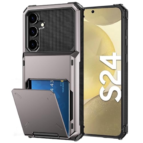 rojarou Wallet Case for Samsung Galaxy S24 Case with Card Holder[Store 5 Cards] Hidden Card Slot Heavy Dual Layer Shockproof Protective Cover Phone Case for Samsung S24,Grey