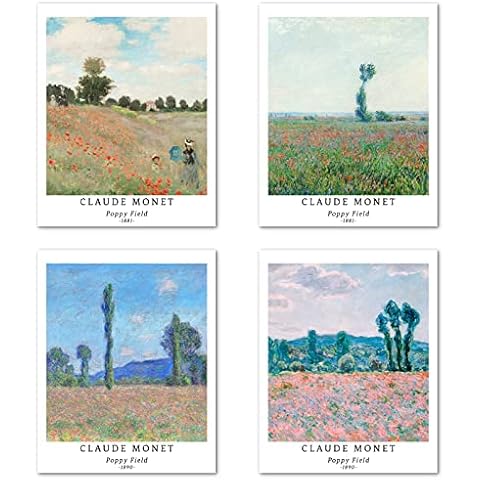 Berkin Arts Wall Art Unframed Prints Giclee Art Paper Set of 4, 11x14 inch Landscape Artwork, Office Decoration Elegant Spring Scenery Tree Minimalist Cloud Fashion Poppy Field Claude Monet Paintings Cover