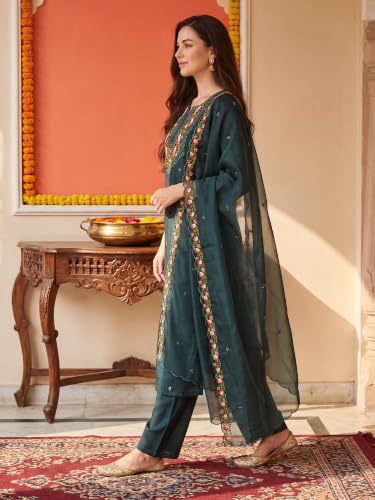 Image of INDO ERA Women's Silk Blend Floral Embroidered Thread Work Kurta & Pant with Dupatta Set