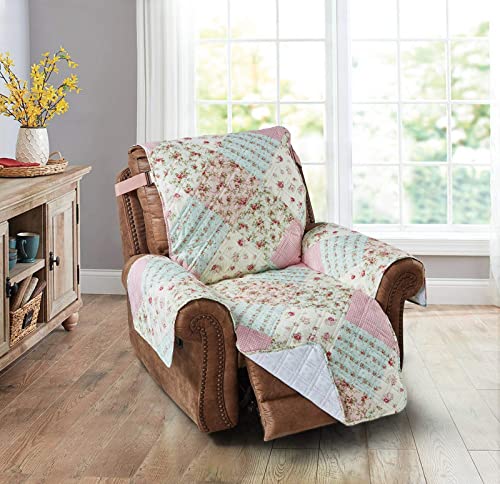 Brilliant Sunshine Pink And Green Rose Patchwork Quilted Large Recliner Slipcover, 28" Seat Width, Slip Resistant Furniture Protector, 2" Strap, Washable Reclining Chair Cover For Kids,Dogs,Pink Green #TOP3