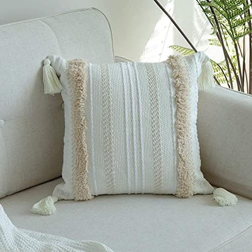 blue page Boho Cushion Cover 50x50CM, Decorative Boho Throw Pillow Cover Beige Pillowcase Woven Tufted Cotton Cushion Case with Tassels for Couch Sofa Bed Living Room Office (Beige and Yellowy)
