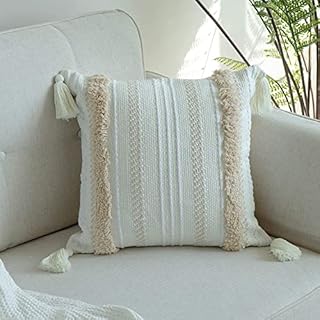 blue page Boho Cushion Covers 45x45cm, Decorative Boho Throw Pillow Cover Beige Pillowcase Woven Tufted Cotton Cushion Case with Tassels for Couch Sofa Bed Living Room Office (Beige and Yellowy)