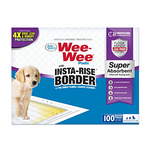 Image of Four Paws Wee-Wee Super Absorbent Unscented Pee Pads for Dogs & Puppies with Insta-Rise Border, Leak-Proof Dog Housebreaking Potty Training Floor Protection, 22 inch x 23 inch, 100 Count