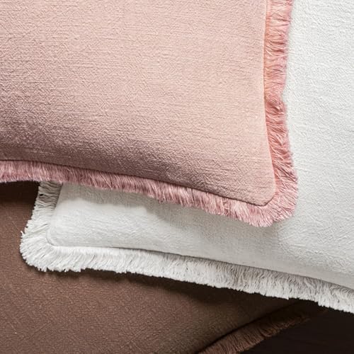 Image of MIULEE Decorative Throw Pillow Covers Neutral Linen Fringe Throw Pillows Euro Shams Set of 2 White Boho Farmhouse Cushion Covers for Couch Sofa Bed Living Room Spring Home Decor 28x28 Inch
