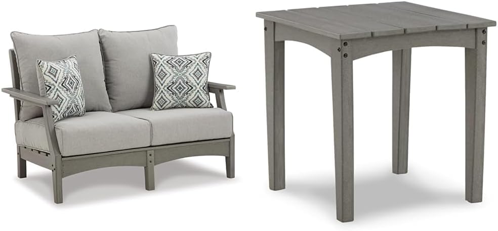 Ashley Outdoor Visola Patio HDPE Loveseat with Throw Pillows & End Table, Gray