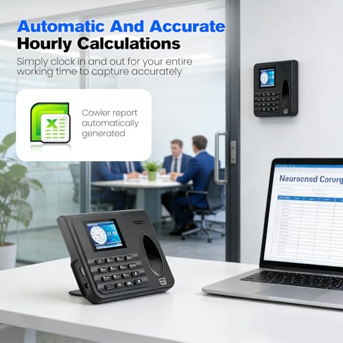 Stempeluhr Zeiterfassung für Kleinbetriebe, Biometrisch mit Sprachansage – 3 Methoden (Fingerabdruck, RFID, PIN), USB-Export, einfache Installation als Stechuhr für Wand oder Tisch
