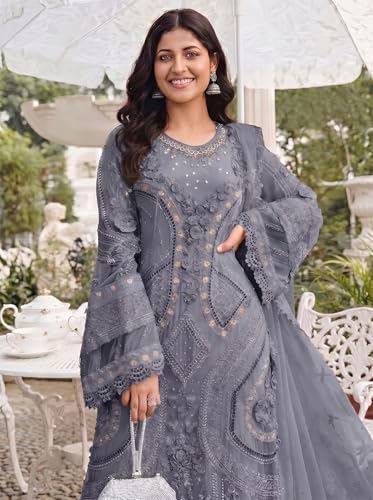 Image of RUDRAPRAYAG Women's Georgette Fabric Wih Embroidered Sequence Work And On Neck Moti Hand Work Semi Stitched Sharara Salwar Suit With Dupatta Set
