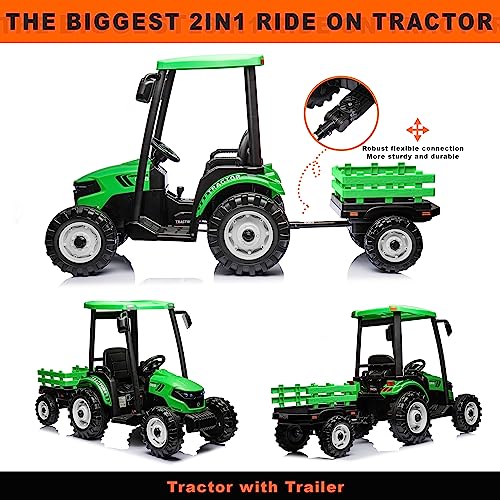 Image of Kidsera 24V Kids Ride On Tractor w /Trailer Remote, Dual Motor, Green