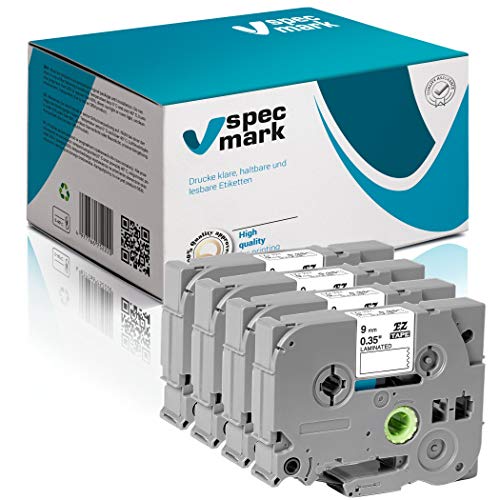 specmark Taśma do pisania TZe-221 9 mm x 8 m zestaw x 4 szt. czarny na białym pasku kompatybilna ze wszystkimi drukarkami Brother PT P-touch AZe-221 EZe-221 TZ-221 TZ2-221