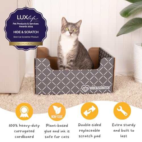 Hide & Scratch Cardboard Cat Scratcher Box & Bed - Dark Grey Diamond | Double-Sided Corrugated Pad for Indoor Cats | Refillable Scratching Board Toy for Play & Furniture Protection - Image 3