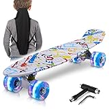 JNUYISW Mini Cruiser Skateboard Komplette 56 cm Retro Skateboard Kinder ab 3 Jahre, Penny Board für Jugendliche Erwachsene Anfänger Jungen Mädchen, LED Leuchtrollen mit All-in-One Skate T-Tool