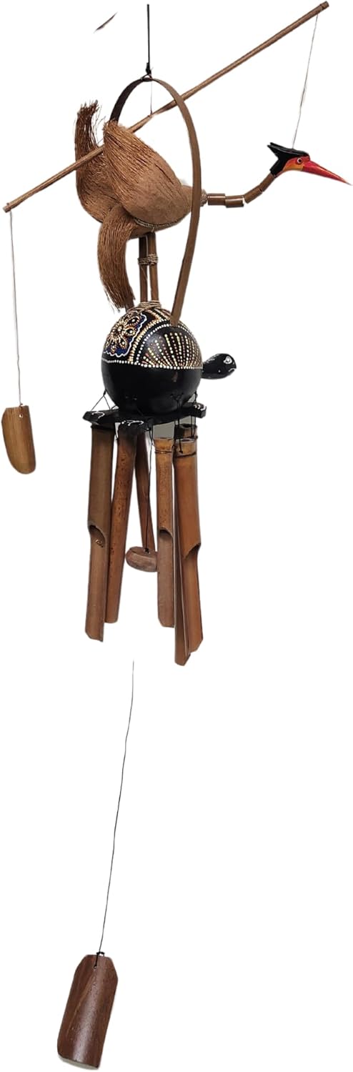 Hand Carved Large Beautiful Bamboo Wood Bobbing GOONIE Bird with Coconut Turtle Wind Chime