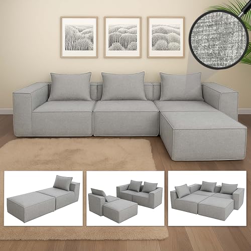 Mendler Set di divani componibile HWC-O54, divano sofa lounge pouf ottomano penisola, stoffa/tessuto 63x270x190cm - grigio