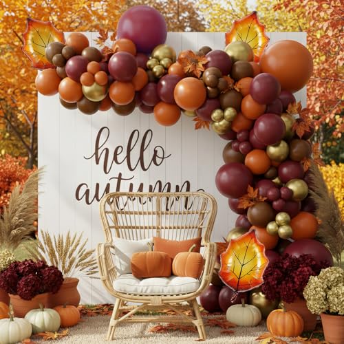 Fall Balloon Arch Kit 148pcs – Burgundy Burnt Orange Balloons, Maple Leaf Foil, Terracotta Garland for Thanksgiving, Baby Shower, Autumn Birthday, Boho Wedding Party Decorations