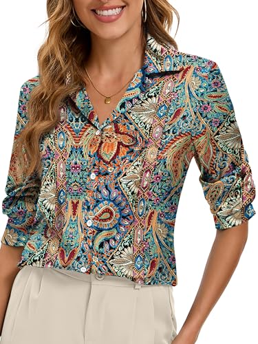Image of Premium Soft Breathable Stretch Satin Silk Button Down Shirts for Women Long Sleeve Leopard Blouses Work Dress Tops