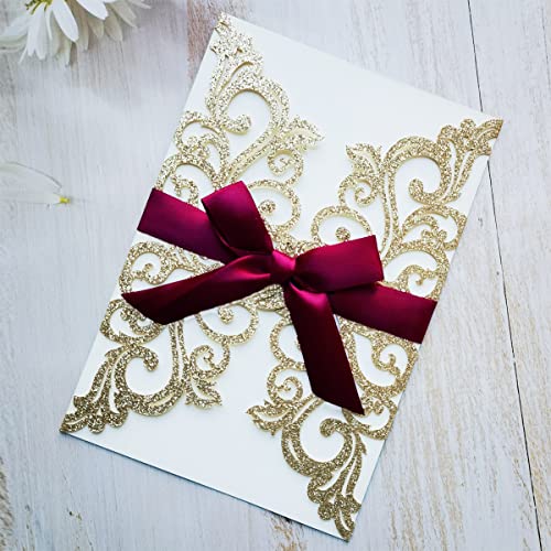 Tarjetas de invitaciones de boda de champán de 5x7.3 pulgadas con lazo cortadas a láser 5