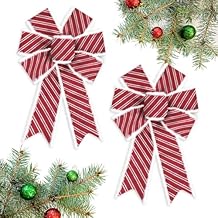 2 PCS Christmas Bows for Wreath, Xmas Wreath Bow for Front Door Wall Fence Decor Red White Stripes Tree Topper Bows for Christmas Party Home Decoration Supplies