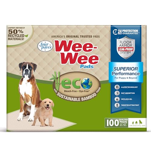 Image of Four Paws Wee-Wee Superior Performance Bamboo Pee Pads for Dogs, Earth Friendly Dog & Puppy Potty Training Pads, Crate Liners, Housebreaking Supplies, 22 inch x 23 inch (100 Count)