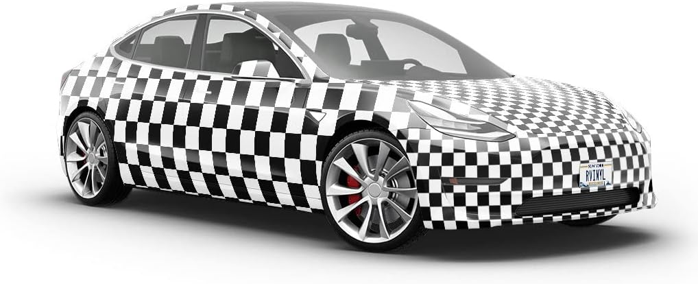 Rwraps Gloss Vinyl Car Wrap Film in White Checkered - 59“ x 6“ - Vehicle Sheet Roll with Adhesive Back and Air Release Technology