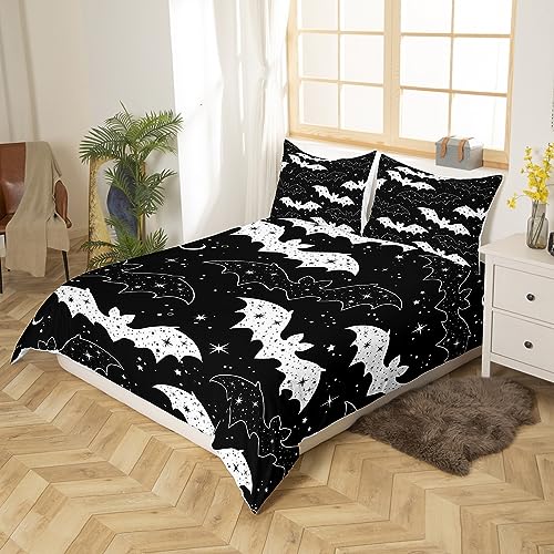 Bat Duvet Cover Set Halloween Bedding Set for Kids Boys Girls Star Moon Print Comforter Cover Set Microfiber White Black Bedspread Cover Bedroom Bedclothes Single - Image 2